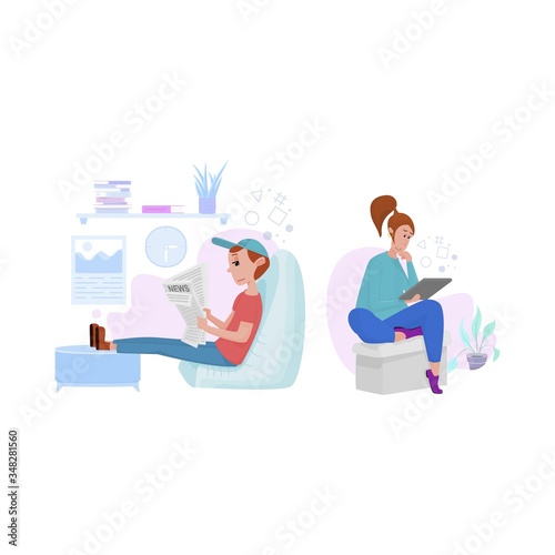 Man and woman watch news on tablets, maintain social distance, or work remotely