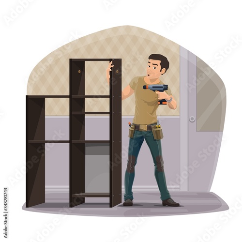 Furniture assembly service. Cartoon carpenter worker with tools assembling a home wardrobe furniture and book shelf with electric drill and hand screwdriver in belt bag