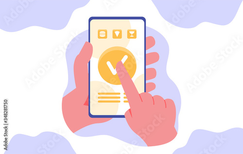 Check mark on smart-phone screen. Hand holding smart phone. Finger on mobile device screen. Modern flat vector illustration.