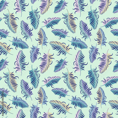 Stylized linear peacock feathers background. Vector seamless pattern in soft colors. Illustration for paper, fabric and textille.