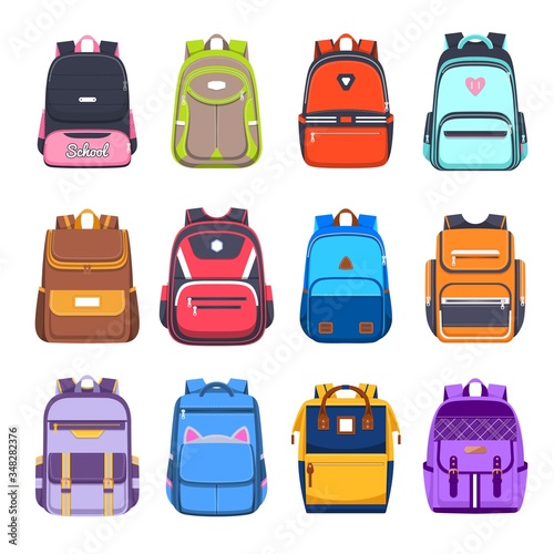 School bags and backpacks, handbags and rucksacks vector flat icons. College and school boy and girl student bags with pockets, zippers and straps, travel luggage and haversacks
