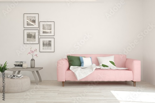 White living room with sofa. Scandinavian interior design. 3D illustration