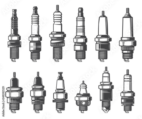 Car spark plugs, isolated vector icons set. Monochrome car ignition system and spark-ignition engine vehicles spare parts. Car service, mechanic garage station and maintenance objects