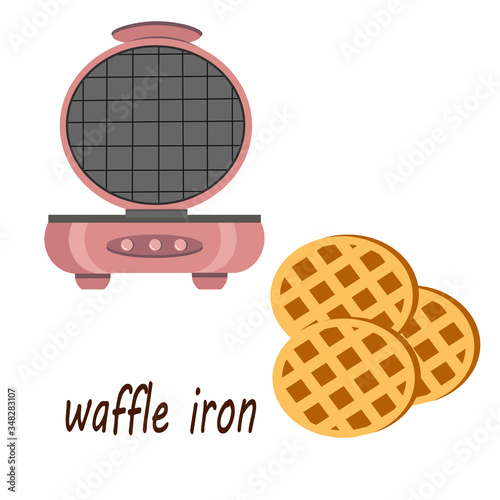 Waffel - iron and waffles. Kitchen appliances.. Vector flat illustration on a white background. 