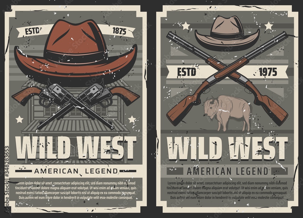 Wild west vintage vector posters. American Western legend, Texas buffalo ox  and cowboy sheriff hat with crossed bandit revolvers, guns and rifles on  wild west saloon building background Stock Vector | Adobe