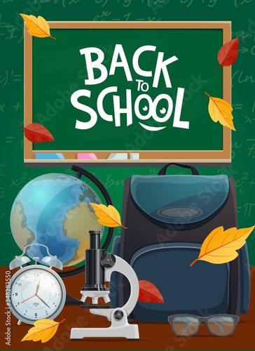 Back to school, student bag and chalkboard vector poster. Back to school education and lesson supplies, biology microscope, geography globe, teacher glasses, mathematics formula, clock and autumn leaf