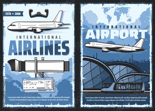 Air flight service and international airport retro posters. Vector vintage cards with airplane, jetway air gate, airport building and pilot helm, world map, flight ticket, aviation and travel