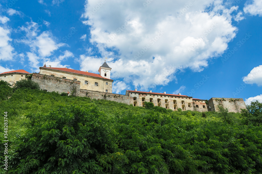 Mukachevo castle in sunny weather on a hill. Memos of architecture. The remains of forteci in the city of Mukachevo. Harmonious sky and sunny weather in Transcarpathia. Hill with green trees. Ruin.