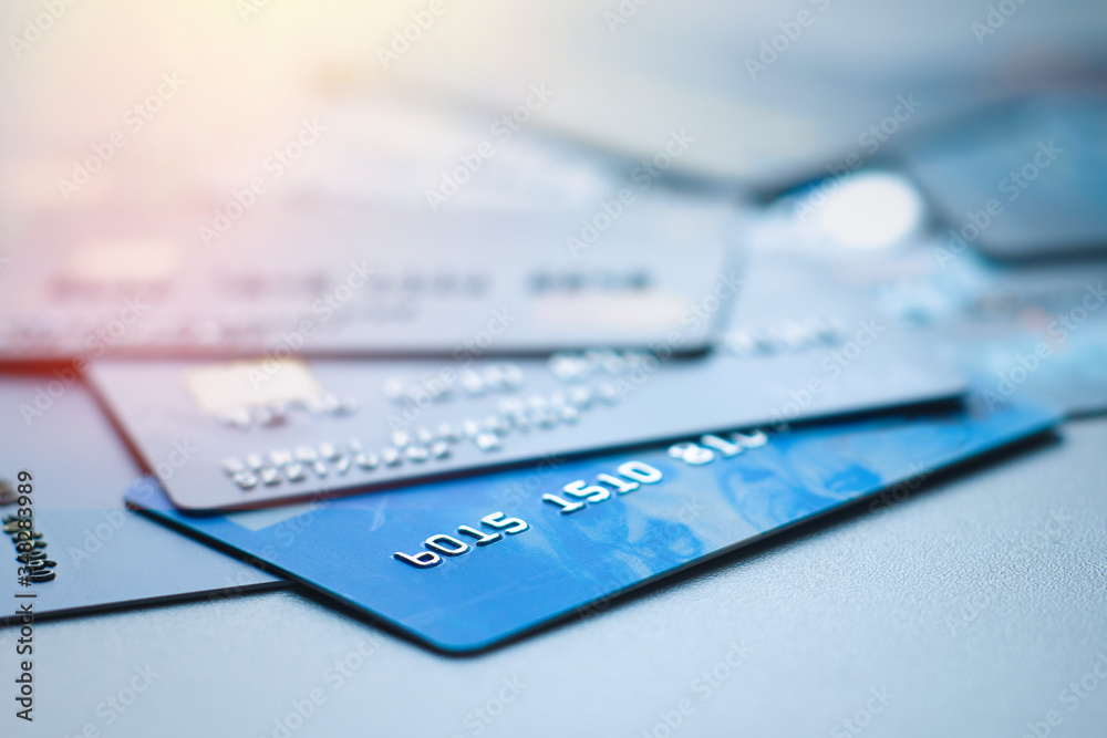 Several credit or debit bank cards - obrazy, fototapety, plakaty 