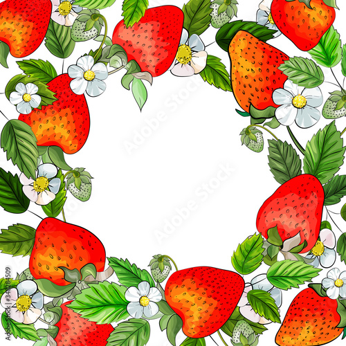 Hand drawn frame with red strawberry, green leaves and white flowers. Copy space. Colorful composition for design menu, greeting card, label. Vector stock illustration.