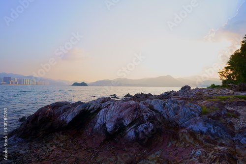 sunset over the sea. Sam Mun Tsai, Yim Tin Tsai, Tai Po, Hong Kong. Hong Kong UNESCO Global Geopark. photo