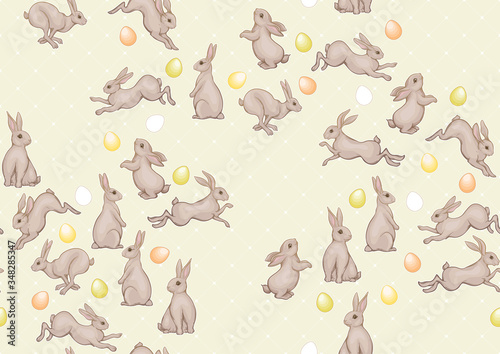 Seamless pattern with a white hares, colored eggs for easter. Colored vector illustration. In art nouveau style, vintage, old, retro style. On soft green background.
