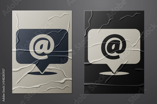 White Mail and e-mail icon isolated on crumpled paper background. Envelope symbol e-mail. Email message sign. Paper art style. Vector