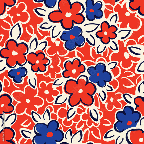 Hand Drawn Artistic Naive Daisy Flowers on Red Background Vector Seamless Pattern. Blue Blob Blooms, Blotched Floral Print. Expressive Outlines, Organic Large Scale Simplistic Retro Fashion Design