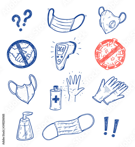 CoronaVirus Covid-19 protection vector sketch set with hand drawn face masks, gloves, antiseptic, soap etc.