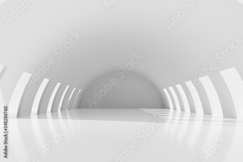 Abstract illuminated empty white corridor interior design. 3D rendering. 