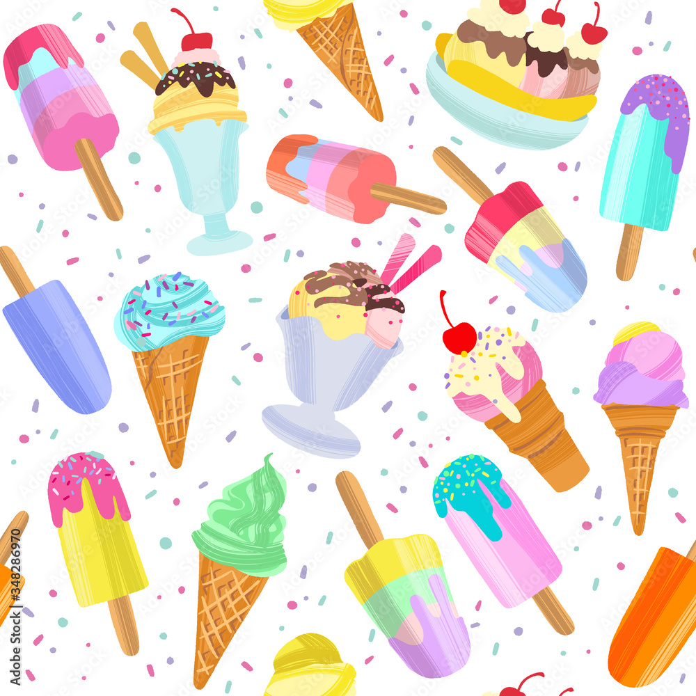 Ice cream background, summer dessert seamless pattern.