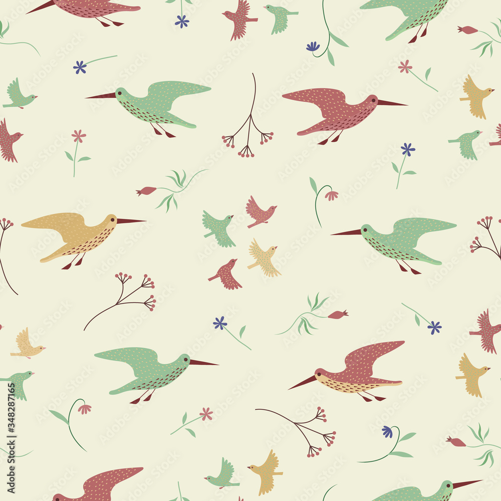 Fototapeta premium Flower, Sandpiper and Little birds seamless pattern. Color vector background.