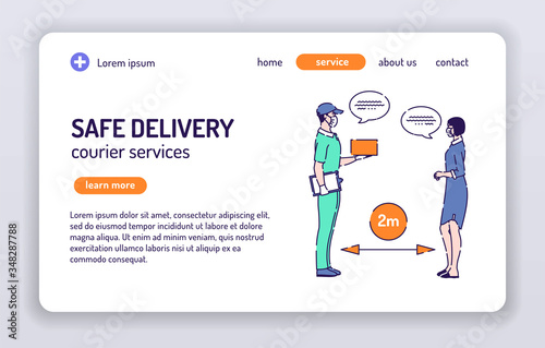 Safe delivery web banner. Courier services. Isolated cartoon character on a white background. Concept for web page, presentation, smm, ad, site. Vector illustration. UX UI GUI design.