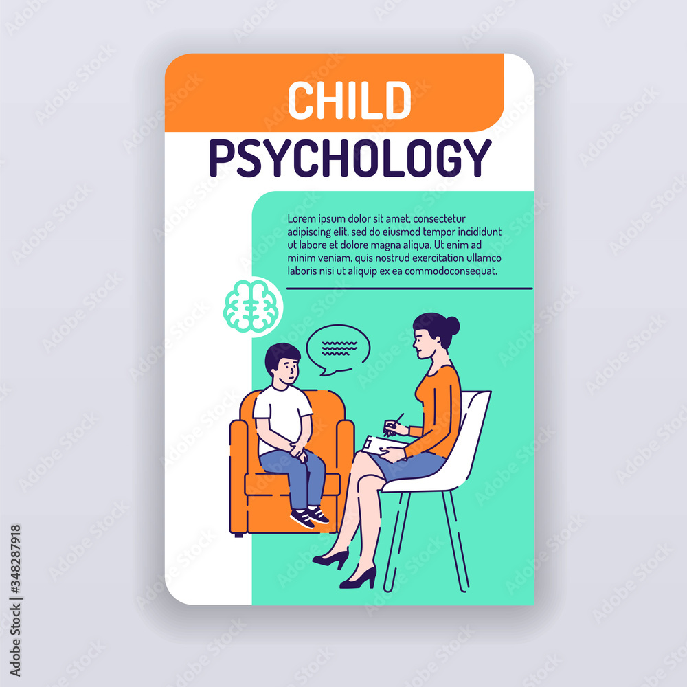 Obraz premium Child psychology brochure template. Psychotherapy counseling cover design. Mental health magazine poster. Print design with linear illustrations cartoon character on a white background