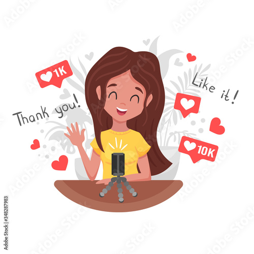 Video blogger making video for blog or vlog review. Cute girl video blogger and smartphone. Vector flat illustration. Fashion Blog. Live Broadcast. Online Channel. Isolated Flat Cartoon Illustration