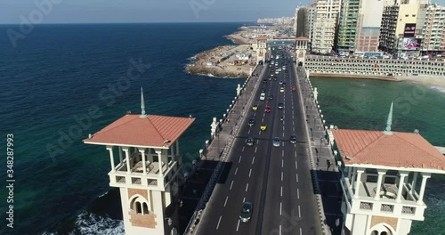 Aerial Drone shot over Egypt Alexandria city Stanly Bridge
