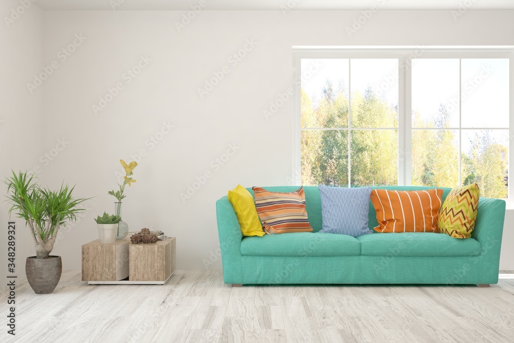 Fototapeta premium White living room with sofa. Scandinavian interior design. 3D illustration