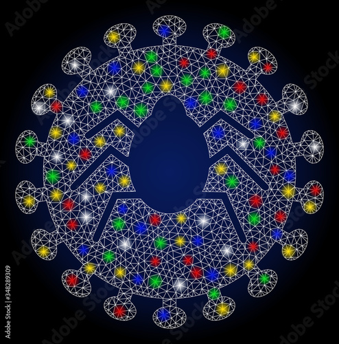 Flare mesh bug virus with glare effect. Abstract illuminated vector model of bug virus icon on a dark blue gradiented background. White wire frame polygonal mesh bug virus.