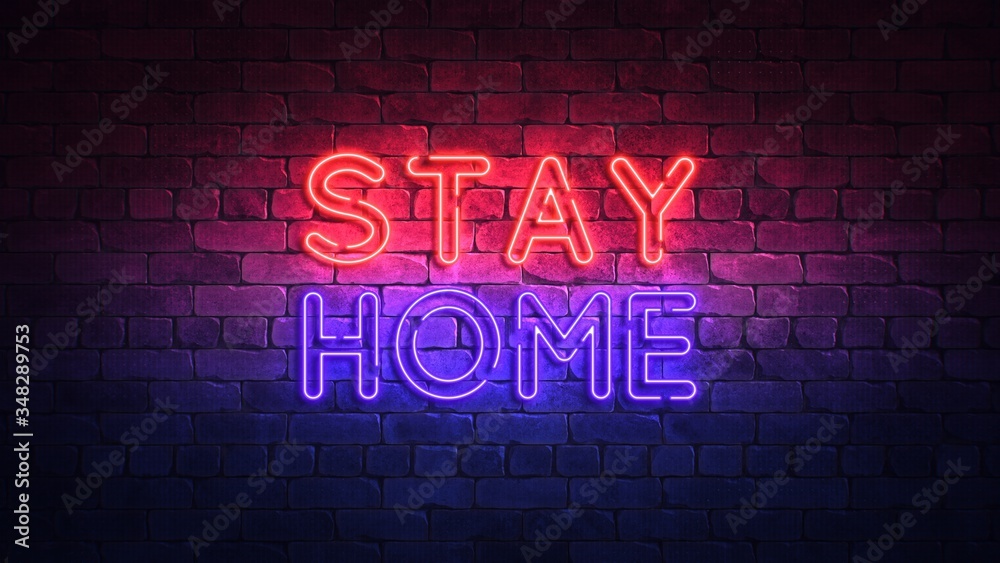 Glowing neon sign with the words stay home. purple and red glow and brick wall on the background 3d render