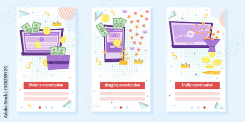 Monetization website blogging or traffic vector illustration concept flyer. App monetization memphis art style 
