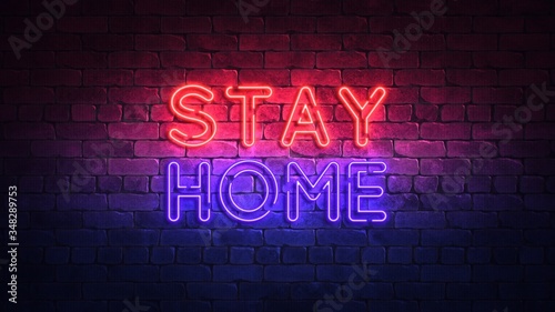 Glowing neon sign with the words stay home. purple and red glow and brick wall on the background 3d render