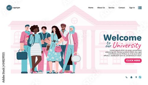 Welcoming university site page with students group cartoon vector illustration.