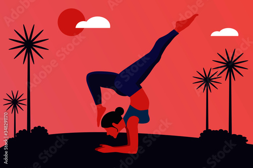 Women are exercising yoga outdoors. International yoga day vector illustration 