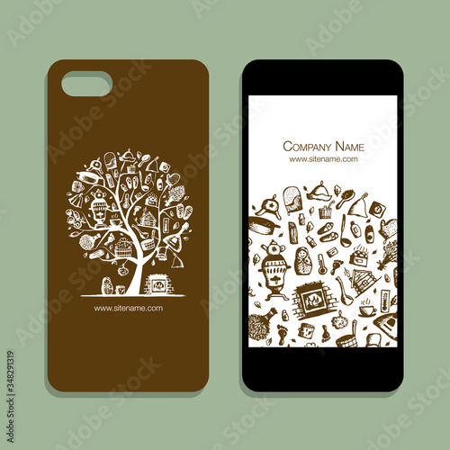 Mobile phone cover mockup, bathhouse design elements