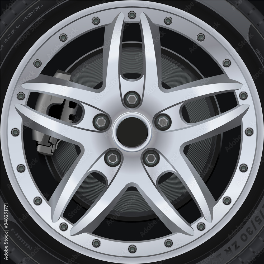 Car wheel close-up for advertising. Black tire, equipment for changing cars. Car tires isolated.  Wheel car, Car tire, Aluminum wheels isolated.