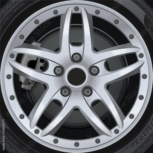 Car wheel close-up for advertising. Black tire, equipment for changing cars. Car tires isolated. Wheel car, Car tire, Aluminum wheels isolated.