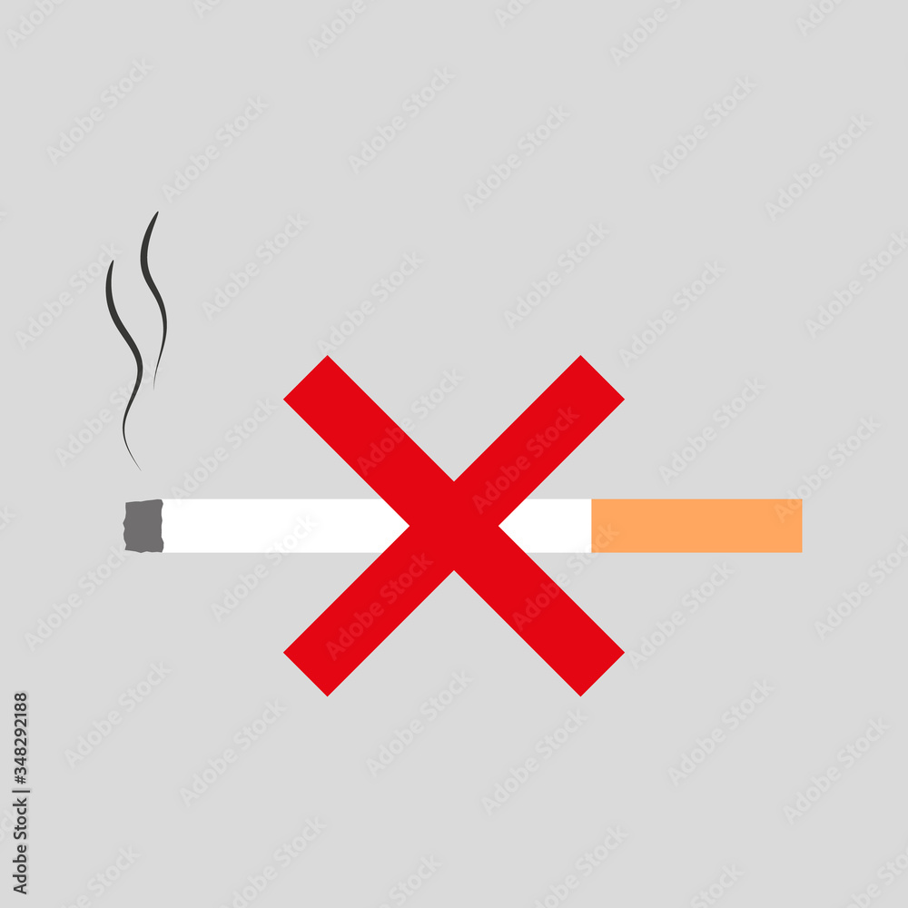 Obraz premium Pictogram vector illustration, no smoking.Smoldering cigarette with a red cross icon.Graphics element,flat design,cartoon style.