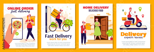 Delivery man poster set - online food take away service flyers