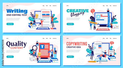 Copywriting and blogging marketing banners set with people, vector illustration.