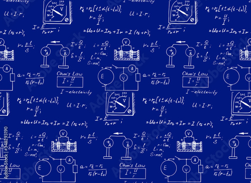 Vintage education and scientific background. Physics law theory and mathematical formula equation, outlines on blueprint. Vector hand-drawn seamless pattern.