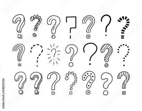 Set of handwritten question marks. Doodle, sketch style. Doodle pictures isolate on white. Vector illustration on white background. Symbols of problem, trouble, confusion. Metaphor question and answer