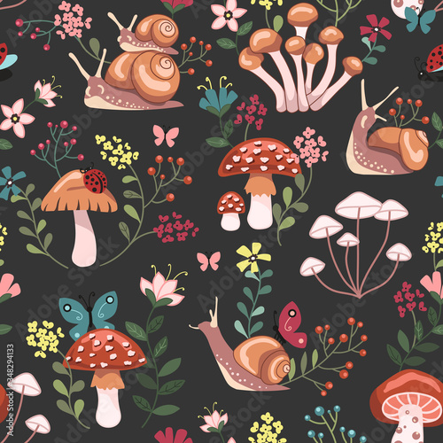 Seamless surface repeat vector pattern design with mushrooms, snails, butterflies, ladybugs and colorful flowers on a gray background