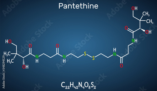 Pantethine, сo-enzyme pantethine, bis-pantethine molecule. It is is dimeric form of pantetheine. Is supplement for lowering blood cholesterol. Structural chemical formula on the dark blue background
