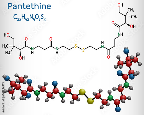 Pantethine, сo-enzyme pantethine, bis-pantethine molecule. It is is dimeric form of pantetheine. Is supplement for lowering blood cholesterol.  Structural chemical formula and molecule model