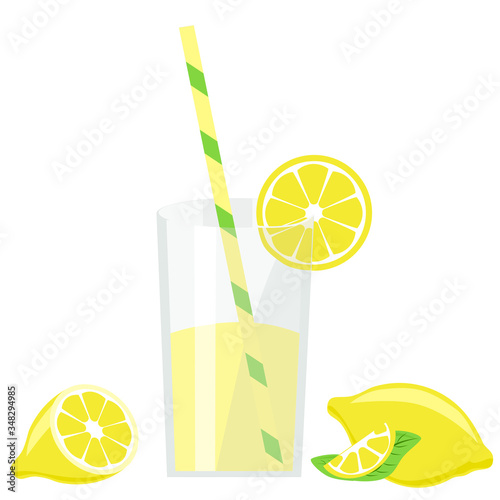 A glass with drink and a slice of lemon. Yellow fruit. Isolated vector painting art