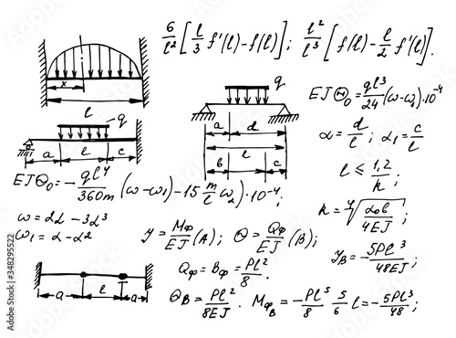 Physical equations, formulas and schemes on whiteboard. Vector hand-drawn illustration. Vintage scientific and educational background.