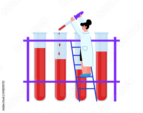 Doctor taking blood sample from giant test tube, isolated cartoon woman