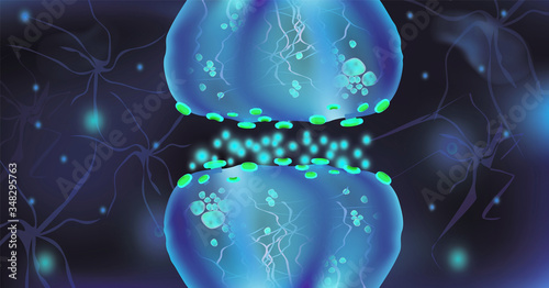 Signaling in the brain. Neural connections in the brain form thoughts, concept learning. Transmission of impulses in a living organism. Neural isolated on blue background. Synapse and Neuron cells.