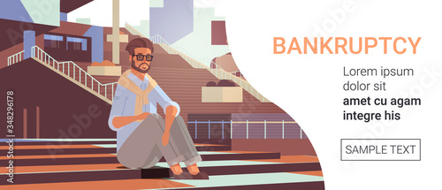 depressed businessman sitting on stairs money problem financial trouble economic crisis bankruptcy business failure concept horizontal copy space vector illustration