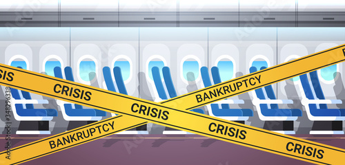 empty no people airplane board with yellow bankruptcy crisis tape coronavirus pandemic quarantine covid-19 concept modern plane interior horizontal vector illustration